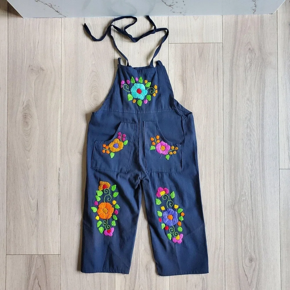 Mexico Artesanal Overalls Girls 6 Blue Floral Embroidered Halter Tie One Piece